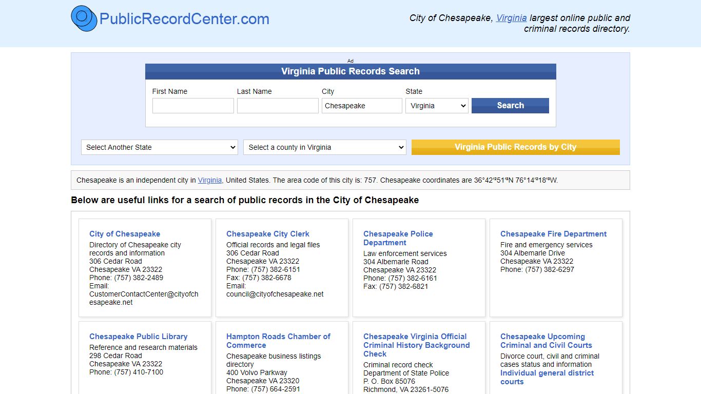 Chesapeake, Virginia Public Records and Criminal Background Check